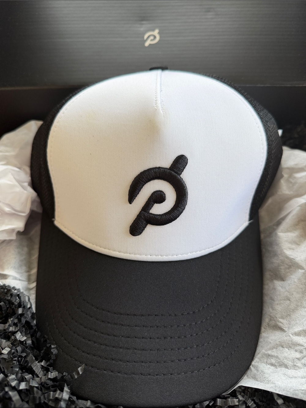 Peloton Black and White Trucker Hat with Embroidered Logo